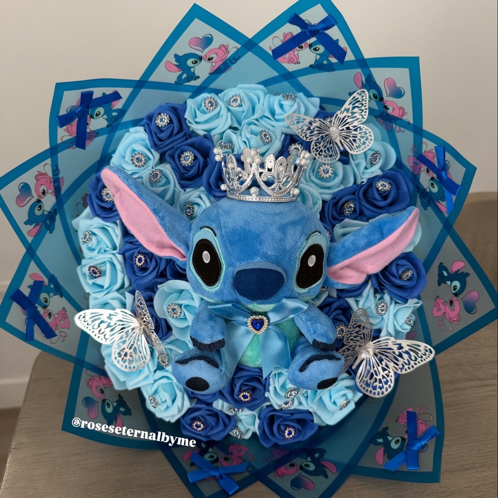 Blue Stitch Plush Bouquet with Crown